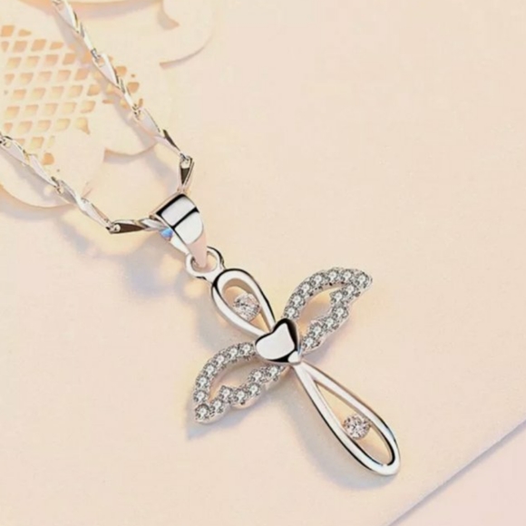 Silver Angel Wings Cross Pendant Clavicle Chain Necklace - Picture 7 of 8